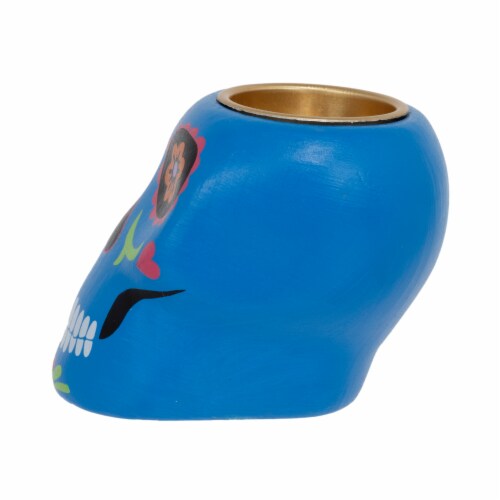Holiday Home Day of the Dead Skull Candle Holder - Blue Perspective: left