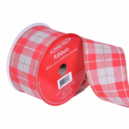 Holiday Home® 2.5" Wire Edge Linen Plaid Glitter Ribbon - Red Perspective: left