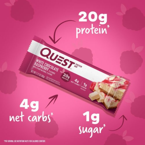 Quest White Chocolate Raspberry Protein Bars Perspective: left