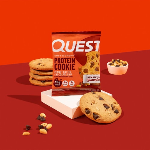 Quest 15g Protein 9g Fiber Peanut Butter Chocolate Chip Cookie Perspective: left
