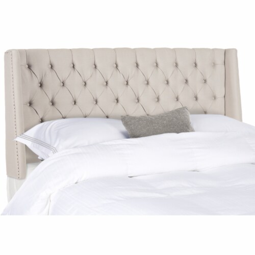 SAFAVIEH London Winged Linen Headboard Flat Nail Head Taupe Full Perspective: left