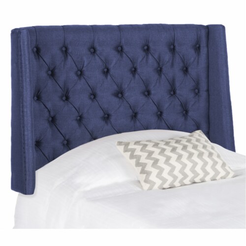 SAFAVIEH London Linen Tufted Winged Headboard Flat Nail Head Navy Full Perspective: left