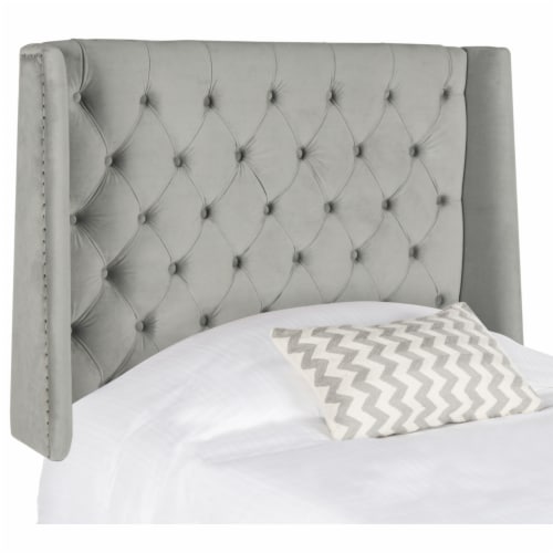 SAFAVIEH London Tufted Winged Headboard Flat Nail Head Pewter Queen Perspective: left