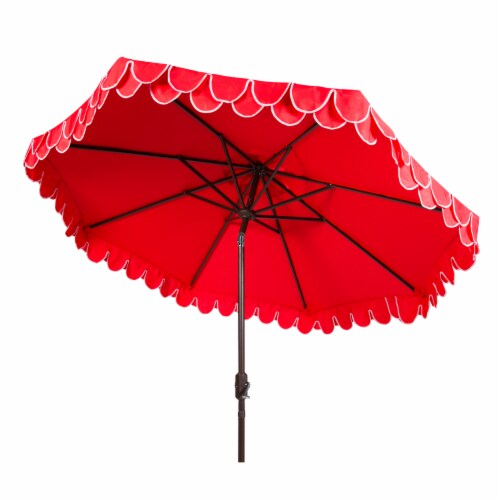 SAFAVIEH Outdoor Collection Elegant Valance 9-Foot Tilt Umbrella Red / White Perspective: left