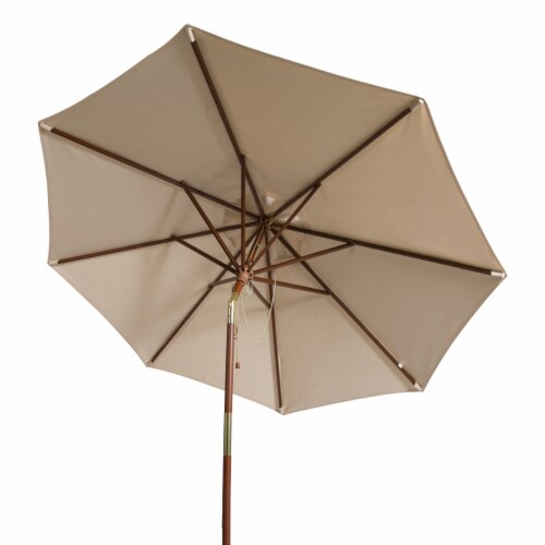 SAFAVIEH Outdoor Collection Cannes 9-Foot Wooden Outdoor Umbrella Beige Perspective: left