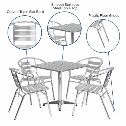 Flash Furniture 27.5 Square Aluminum Indoor/Outdoor Table w/4 Slat-Back Chairs Perspective: left