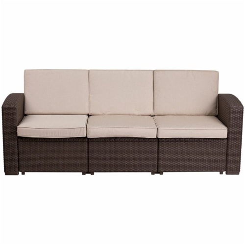 Flash Furniture Wicker Patio Sofa in Chocolate Brown and Beige Perspective: left