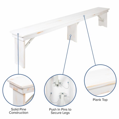 Flash Furniture Pine Wood 3-Seat Farm Table Folding Bench Antique Rustic White (XAB96X12LWH) Perspective: left