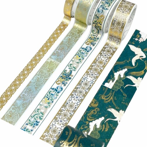 Wrapables Gold Foil Washi Tape in Gift Box Set (20 Rolls), Festive Cranes Perspective: left