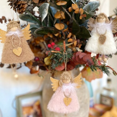 Wrapables Christmas Angel Ornaments Hanging Tree Decorations (Set of 3), Pink Khaki White Perspective: left