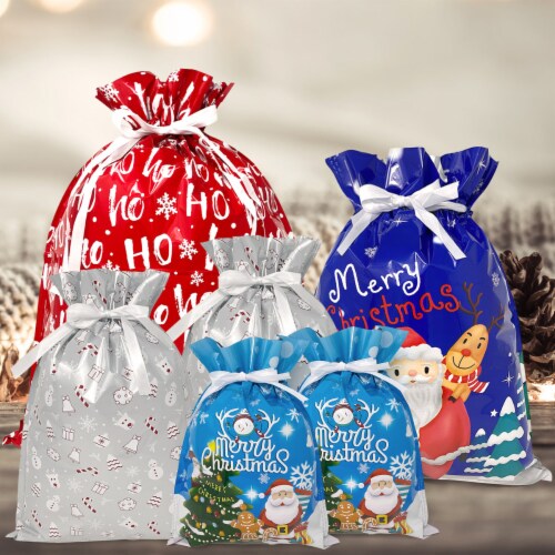 Wrapables Aluminum Foil Christmas Drawstring Gift Bags for Gift Wrap, Parties (Set of 6) Perspective: left