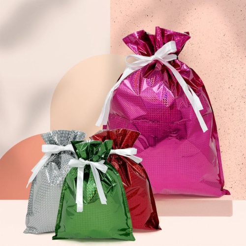 Wrapables Aluminum Foil Hologram Drawstring Gift Bags for Gift Wrap, Parties (Set of 10) Perspective: left