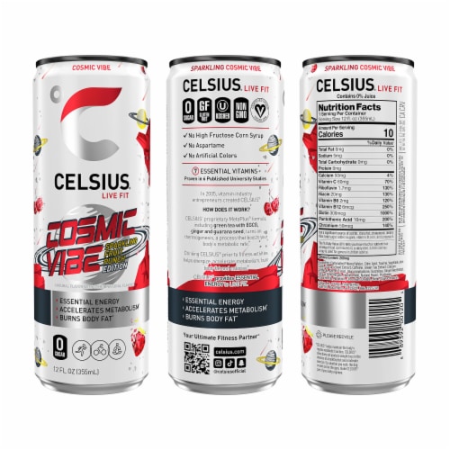 Celsius® Cosmic Vibe Sparkling Fruit Punch Energy Drink Multipack Cans Perspective: left