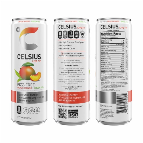 CELSIUS® Fizz Free Peach Mango Green Tea Energy Drink Can Perspective: left