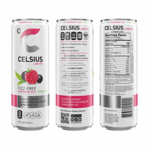 CELSIUS® Fizz Free Raspberry Acai Green Tea Energy Drink Can Perspective: left