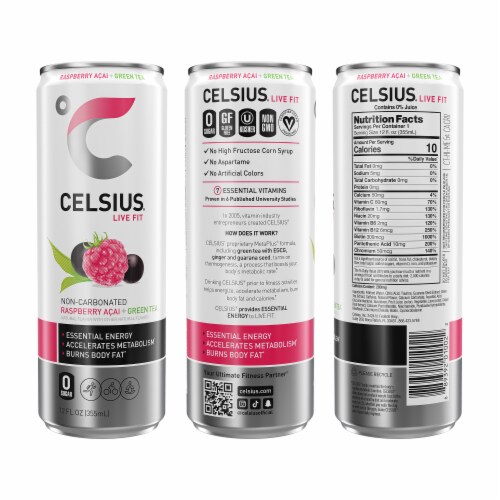 CELSIUS Raspberry Acai Green Tea Energy Drink Multipack Cans Perspective: left