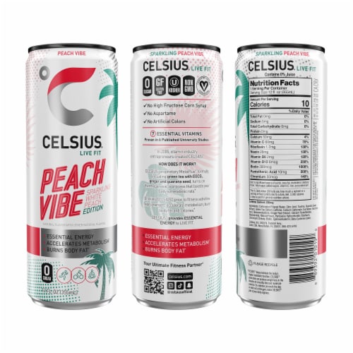 CELSIUS® Sparkling Peach Vibe Energy Drink Multipack Cans Perspective: left