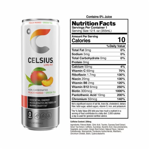 CELSIUS Peach Mango Green Tea Energy Drink Perspective: left