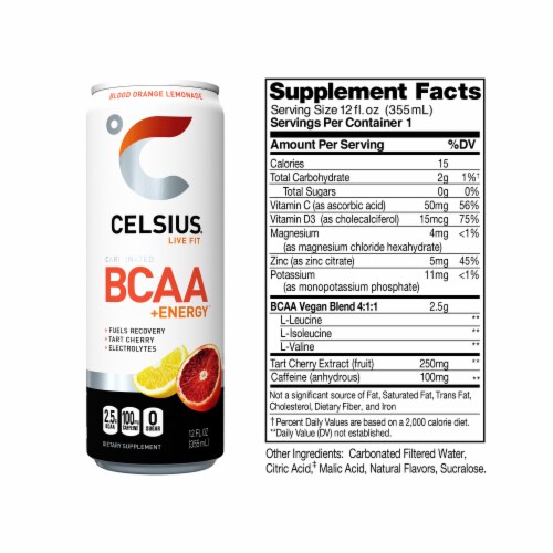CELSIUS BCAA Sparkling Blood Orange Lemonade Energy Drink Perspective: left