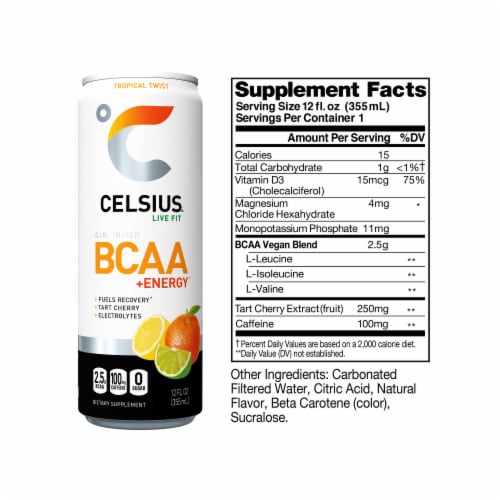 CELSIUS BCAA Sparkling Tropical Twist Energy Drink Perspective: left