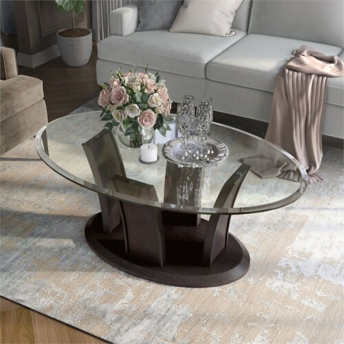 Furniture of America Lantler Oval Glass Top Wood Coffee Table in Gray 1 Harris Teeter