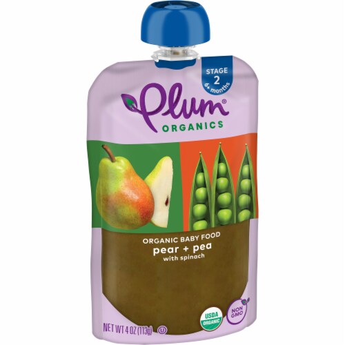 Plum Organics® Pear Spinach & Pea Stage 2 Baby Food Pouch Perspective: left