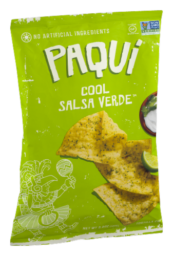 Paqui® Cool Salsa Verde Tortilla Chip Perspective: left