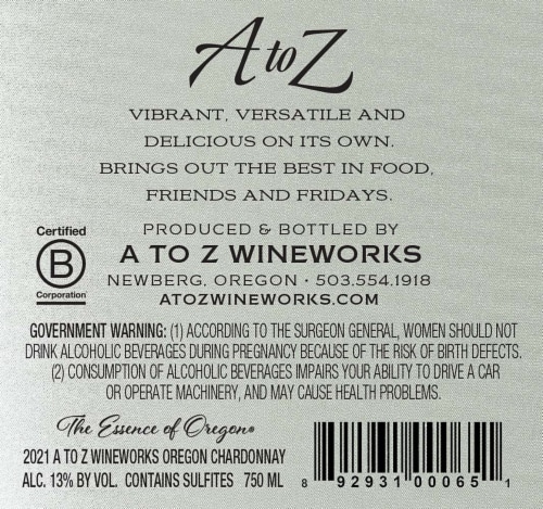 A to Z Wineworks Chardonnay Oregon White Wine Perspective: left