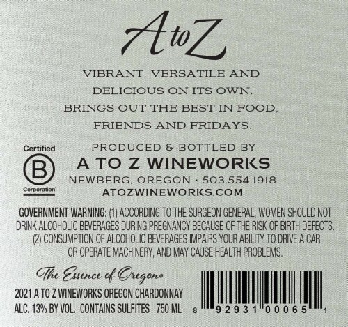 A to Z Wineworks Chardonnay Oregon White Wine Perspective: left