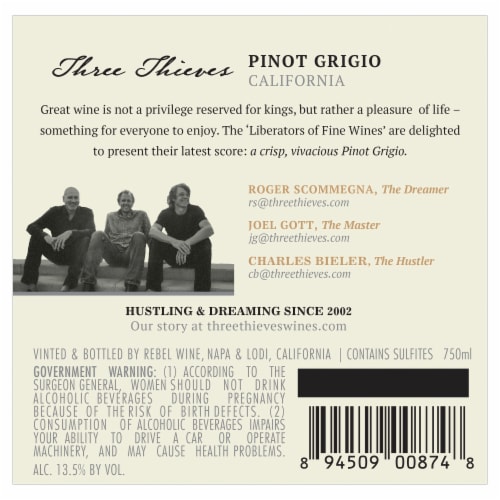 Three Thieves Pinot Grigio White Wine Perspective: left