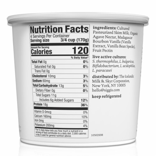 Siggi's Vanilla Nonfat Icelandic Style Skyr Yogurt Tub Perspective: left