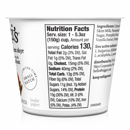 siggi’s Pumpkin Spice Icelandic-Style Lowfat Yogurt, 5.3 oz Perspective: left