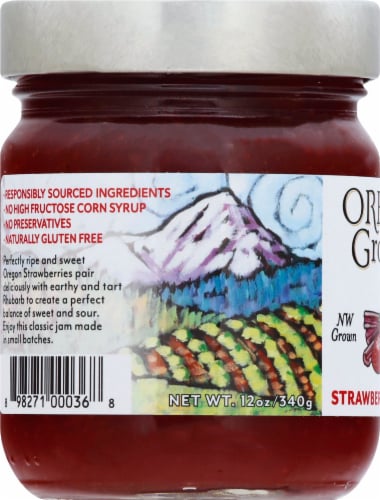 Oregon Growers Strawberry Rhubarb Fruit Spread Perspective: left