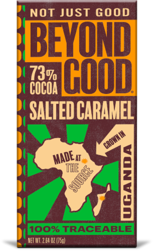 Beyond Good Salted Caramel 73% Cocoa Dark Chocolate Candy Bar Perspective: left