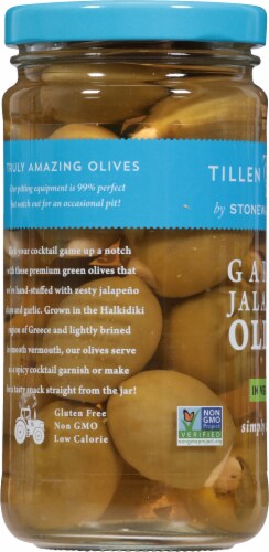 Tillen Farms® Garlic Jalapeno Olives in Vermouth Perspective: left
