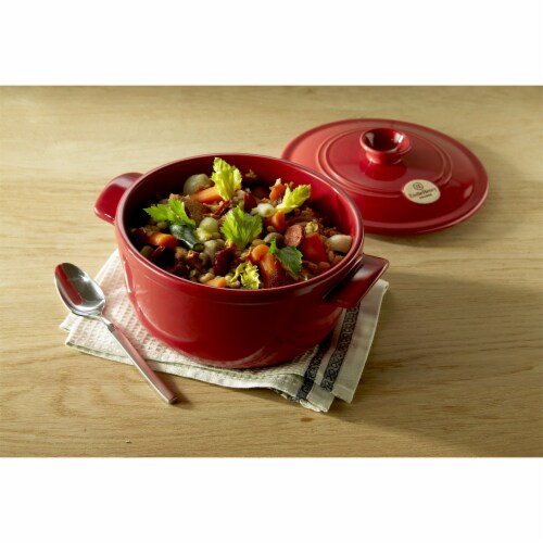 Emile Henry Round Ceramic 4.2 Quart Dutch Oven for Kitchen & Grill, Burgundy Perspective: left