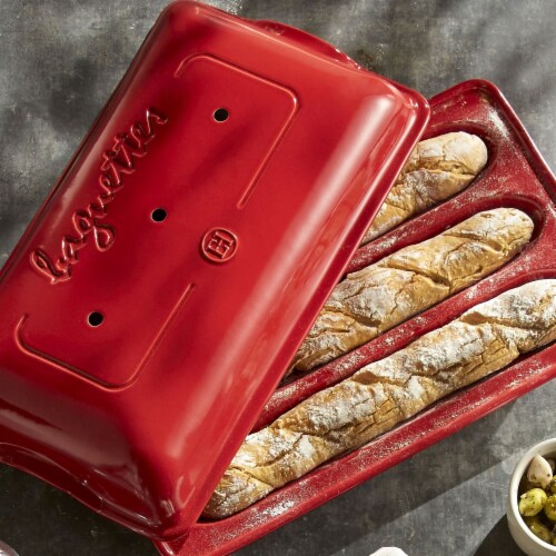 Emile Henri Ceramic Baguette Bread 3 Loaf Oven Baking Pan with Lid, Burgundy Perspective: left