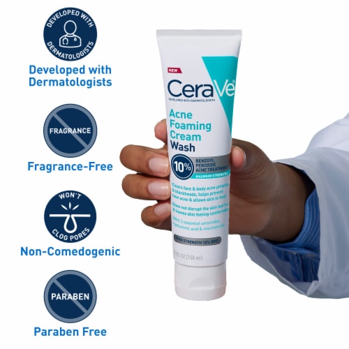 CeraVe Acne Foaming Cream Wash with 10% Benzoyl Peroxide, Gentle Face & Body Wash Acne Treatment Perspective: left