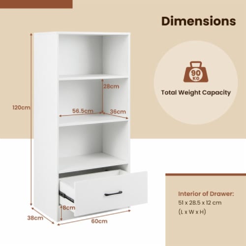 Hivvago 48 Inch Tall 4 Tiers Wood Bookcase with Drawer-White Perspective: left