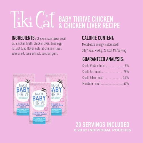 TIKI PETS Tiki Cat Baby Thrive, Chicken & Chicken Liver Mousse, 5.6 oz Pouch (20 Servings) Perspective: left