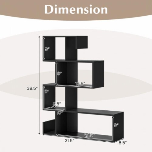 Hivvago 5-Tier S-Shaped Bookshelf Geometric Z-Shelf Bookcase with Open Cubes-Black Perspective: left