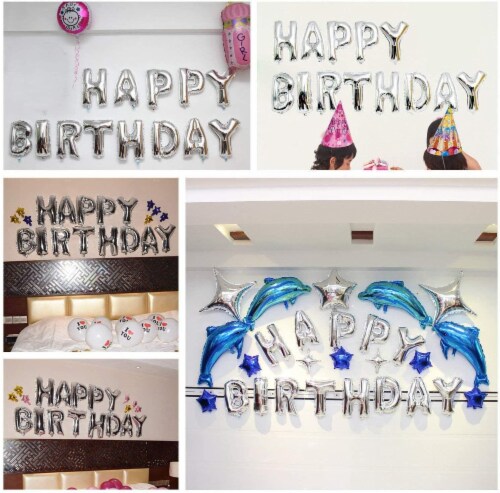 16  Silver Happy Birthday Balloons Party Inflatable Banner Decorations Gifts Perspective: left
