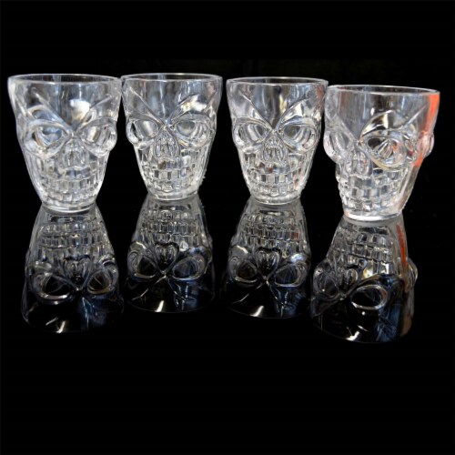 4 Halloween Decorations Tableware Claer Shot Glasses Spooky 3D Skull Shape Perspective: left