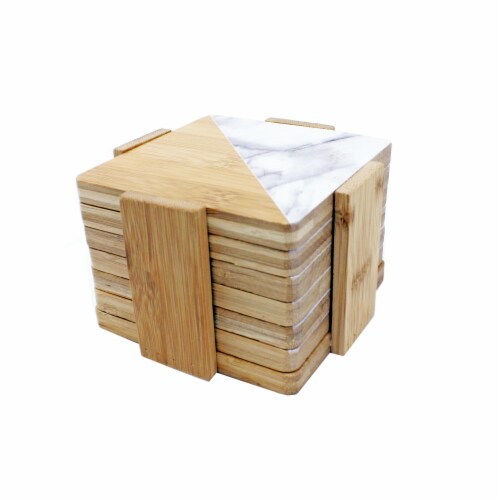 BergHOFF Two-Tone Square Bamboo Coaster Set with Holder Perspective: left