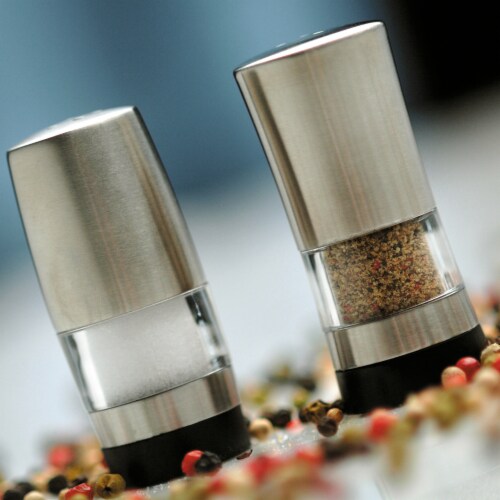 BergHOFF Geminis Stainless Steel Mini Salt & Pepper Dispensers Perspective: left