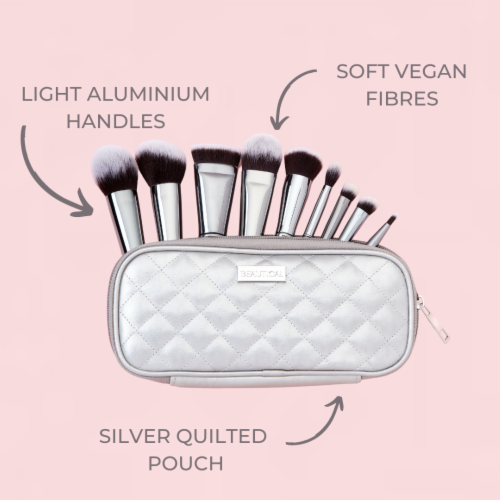 BEAUTICAL - METAL GLAM Brush Set - Professional makeup brushes - 9 brushes + pouch Perspective: left