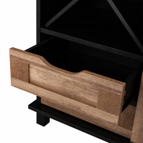 Glitzhome Modern Industrial Wine Cabinet with Sliding Door - Black/Natural Perspective: left