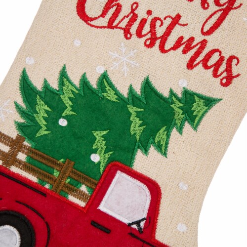 Glitzhome Embroidered Truck & Tree Linen Christmas Stockings Perspective: left
