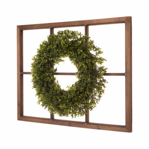 Glitzhome Boxwood Wreath & Wooden Window Frame Decoration Perspective: left