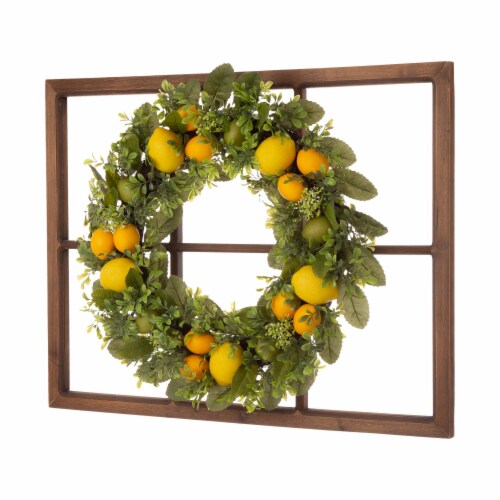 Glitzhome Wooden Window Frame with Greenery Lemmon Wreath Perspective: left